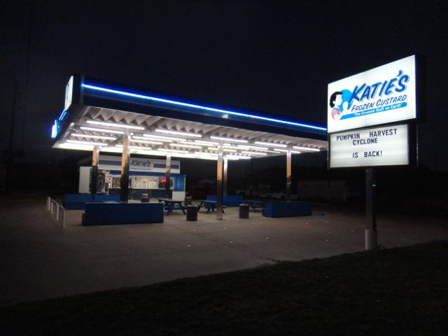 Katie's Frozen Custard is famous because everyone passes it going to the (Track) Football Stadium.