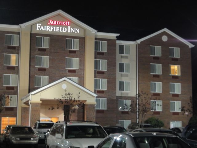 My Greensboro, North Carolina hotel room is the one with the light on.