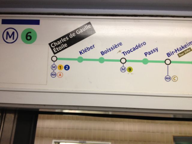 16 stops to Charles de Gaulle, only 3 to Trocadero Paris metro train
