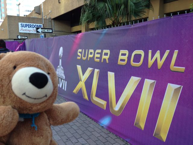 jack the Bear and world traveler outside the Super Dome