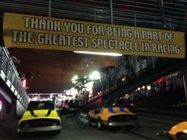 the sign should read, Thank you for being part of the greatest spectacle in blogging Disney's Tomorrowland Raceway sign