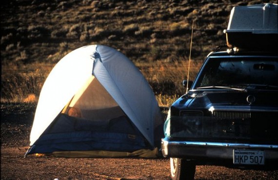 Honeymooners camping beside Wyoming Interstate