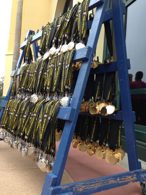 A rack with hundreds of bronze, silver and gold medals