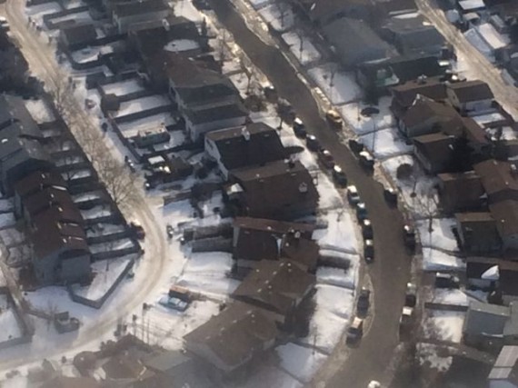 Calgary suburb from the air in Winter