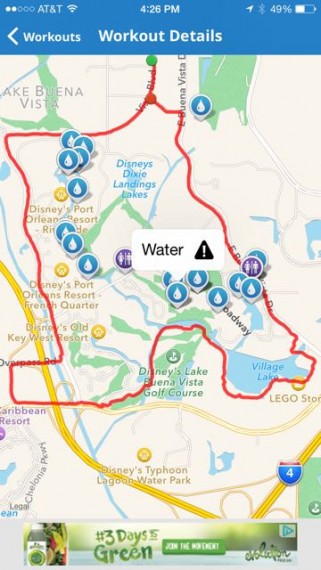 Map My Run app highlighting the run through Disney World