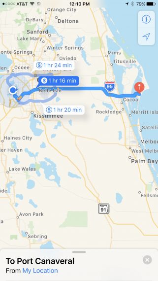 Disney World to Port Canaveral map