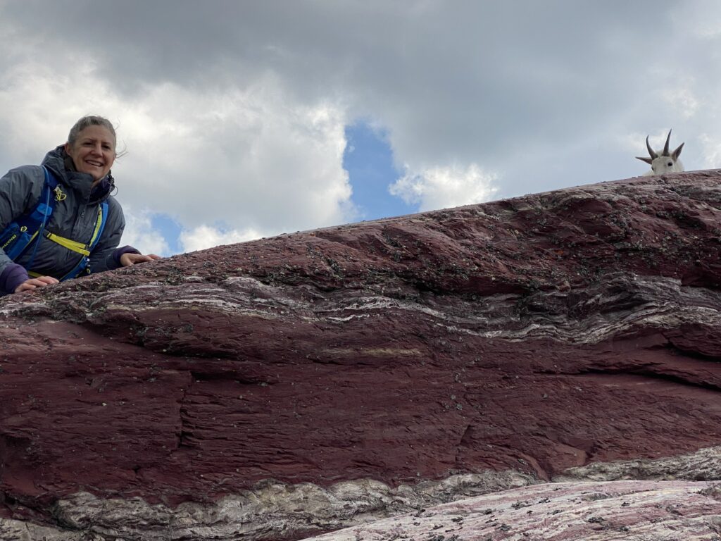 Woman and mountain goat on rock