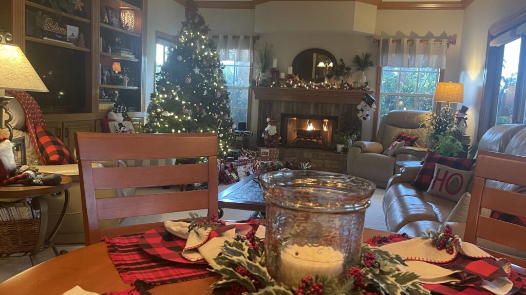 a family room decorated for Christmas