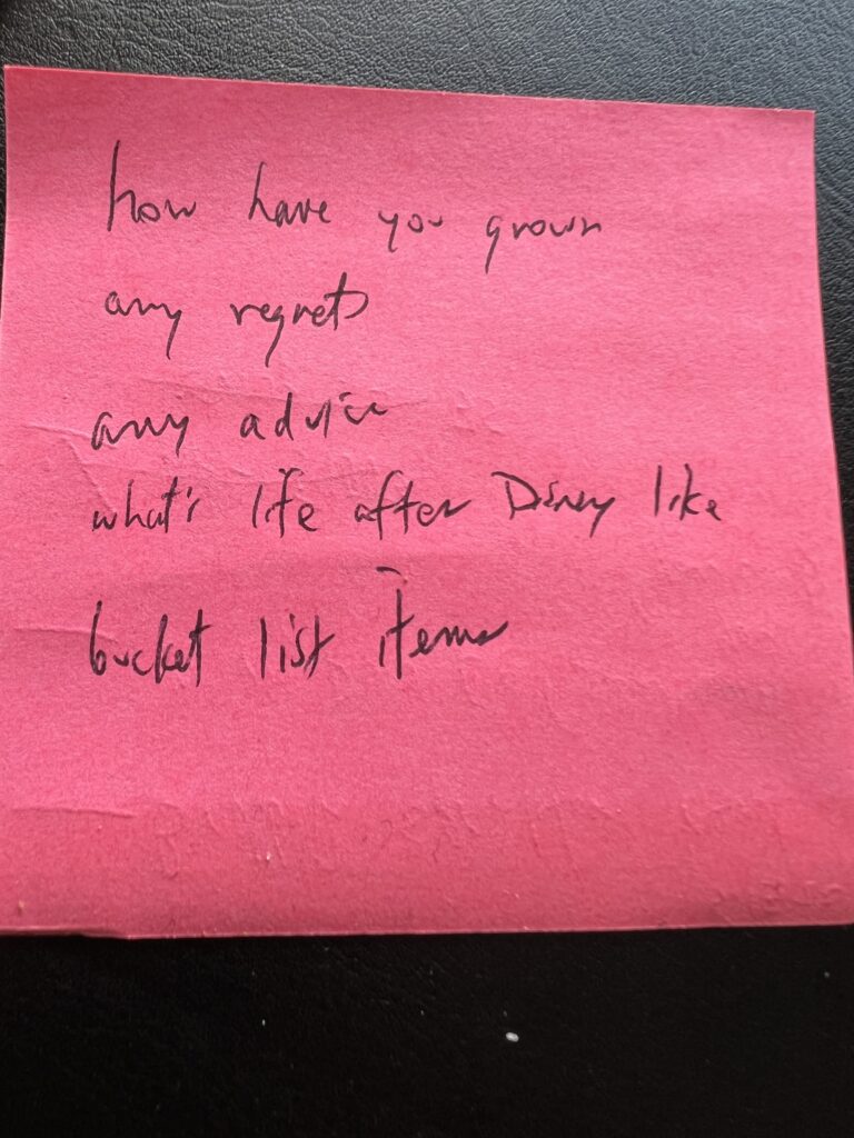 five handwritten questions on a post it note