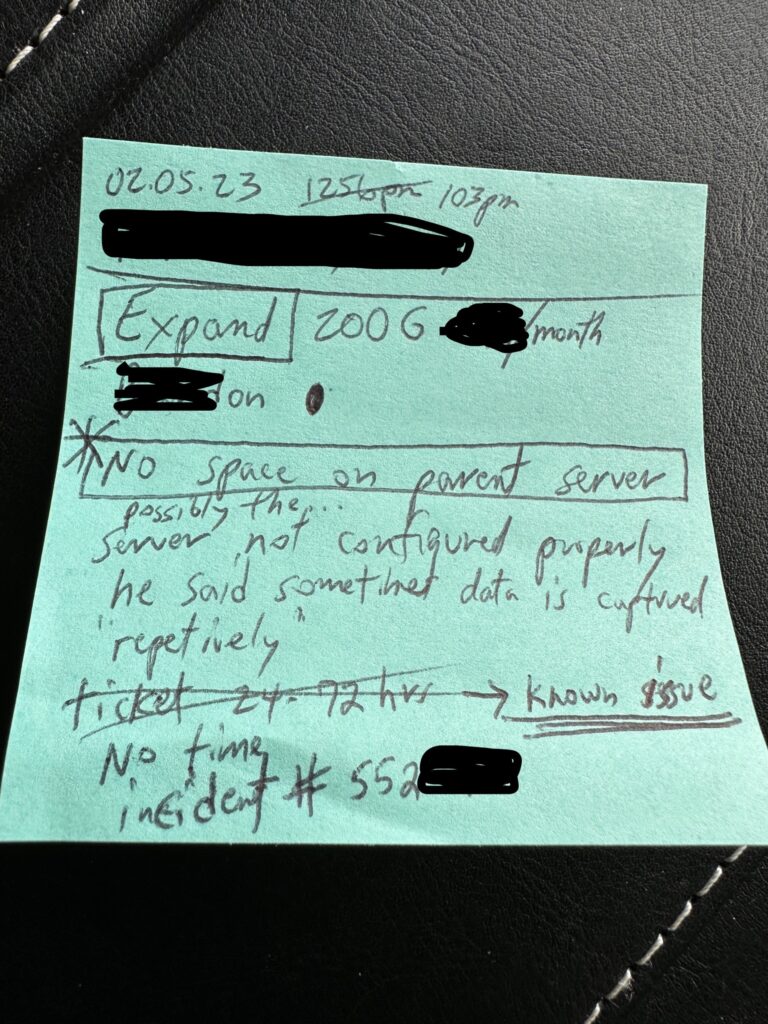 Post it note with hand written notes